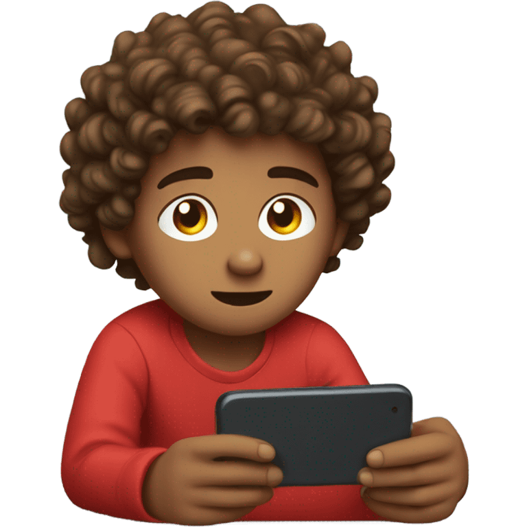 Create a young brown boy with curly hair in red clothing lying down at his bed scrolling off his phone. emoji