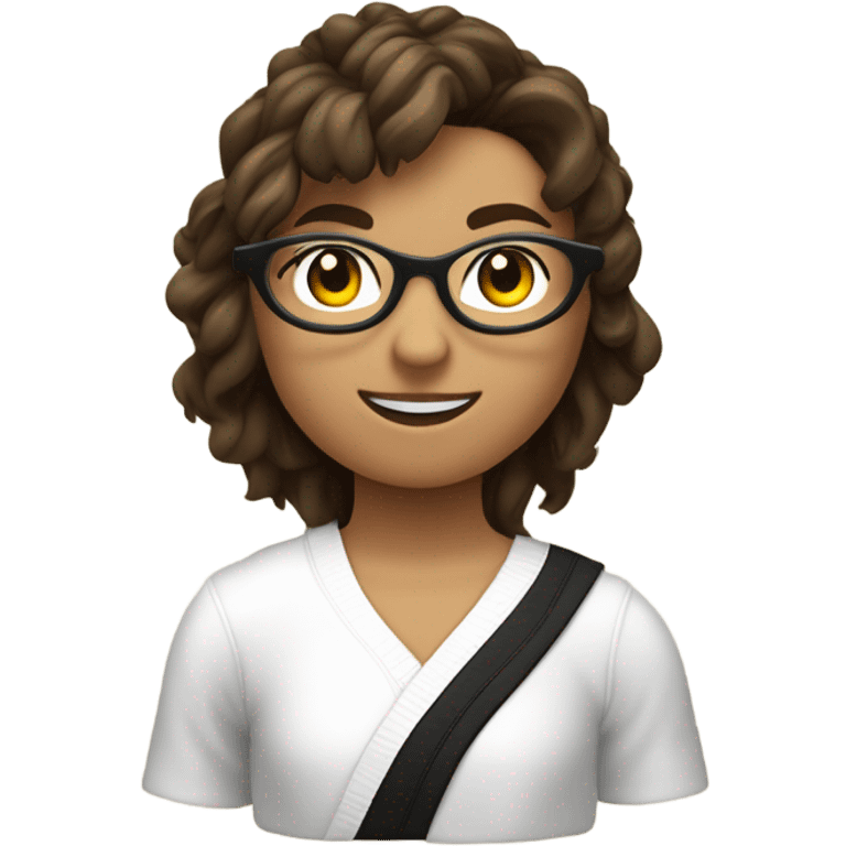 chica adolescente blanca con pelo castaño ondulado y lentes negros delgados medio circulares y cuadrados y cara ovalada, cuerpo delgado, haciendo taekwondo emoji