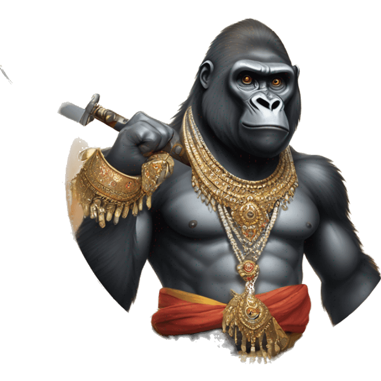 male gorilla with indian male jewellery and  indian traditional wear, holding a  huge weapon, humanoid,  emoji