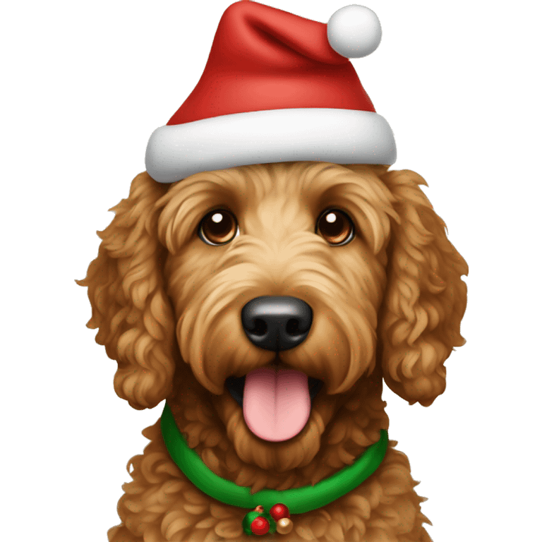 brown golden doodle wearing christmas hat emoji