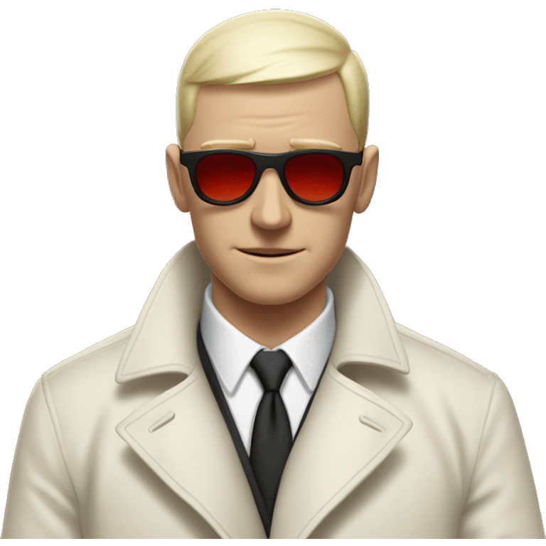 <excerpt>
A white man with real buzz cut Black hair, short mutton shops donning small red tinted sun glasses in a dirty white trench coat, is serious.
</excerpt> emoji