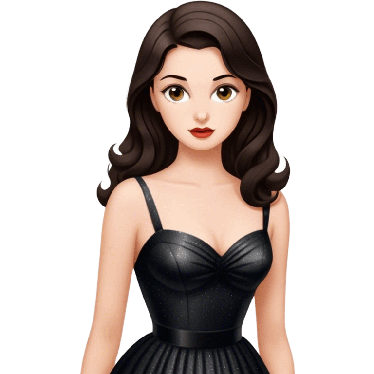 Beautiful woman in 1950’s woman fashion look, black shimmery dress, long dark brown hair, Carbonara emoji