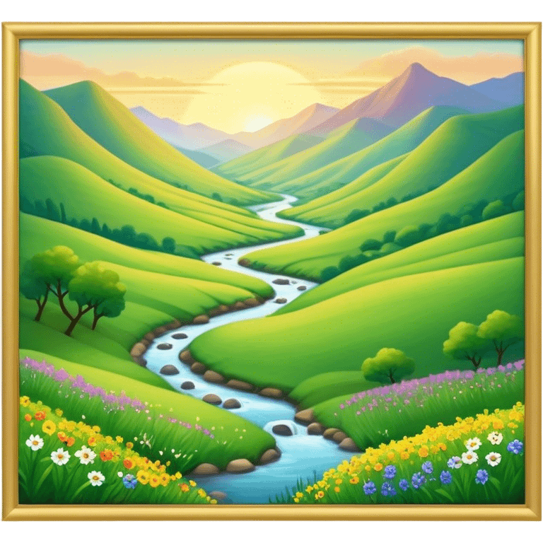 Cinematic Realistic Valley Emoji, Lush and serene, with gently sloping hills surrounding a vibrant green valley filled with wildflowers and a small stream. The soft, golden sunlight filters through the valley, casting peaceful, warm shadows across the landscape. Soft glowing outline, capturing the essence of natural peace and gentle beauty in a sprawling valley. emoji