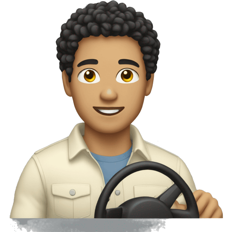 Light skin male with Black curly hair driving a car emoji