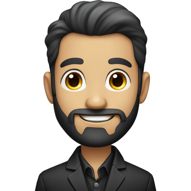 Smiling businessman with a neatly trimmed beard, wearing a black jacket, hand resting on his chin, with a confident and approachable expression. emoji