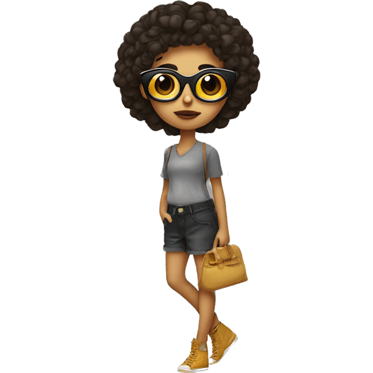 Chica crespa con lentes pie morena y maquillandose emoji