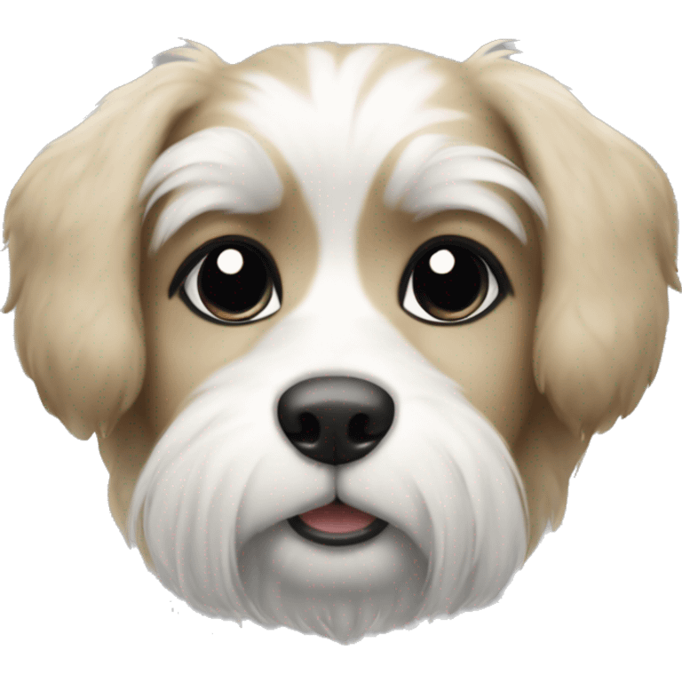 Furry dog with black around the eyes and white emoji