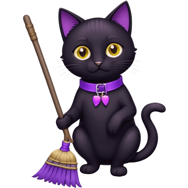 genie cat with a broom, black cat, purple collar emoji