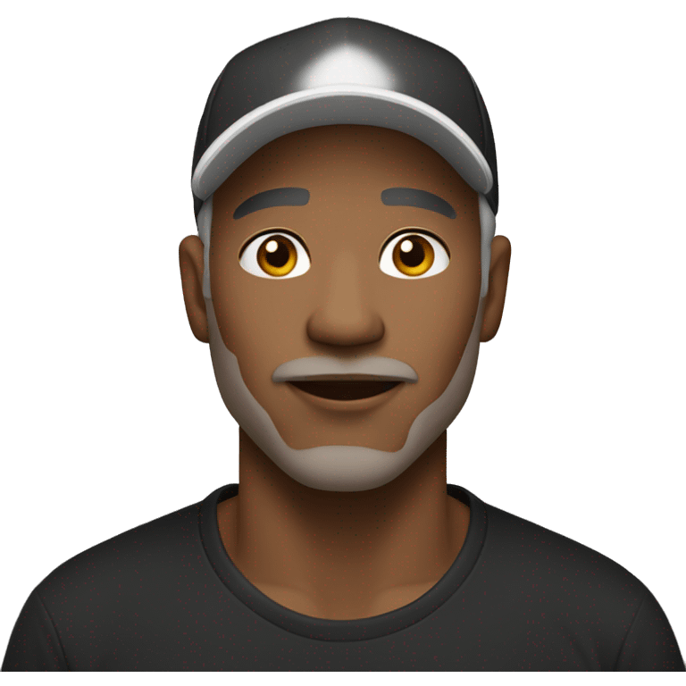 man with white cap, light skin tone, black t-shirt, middle age emoji