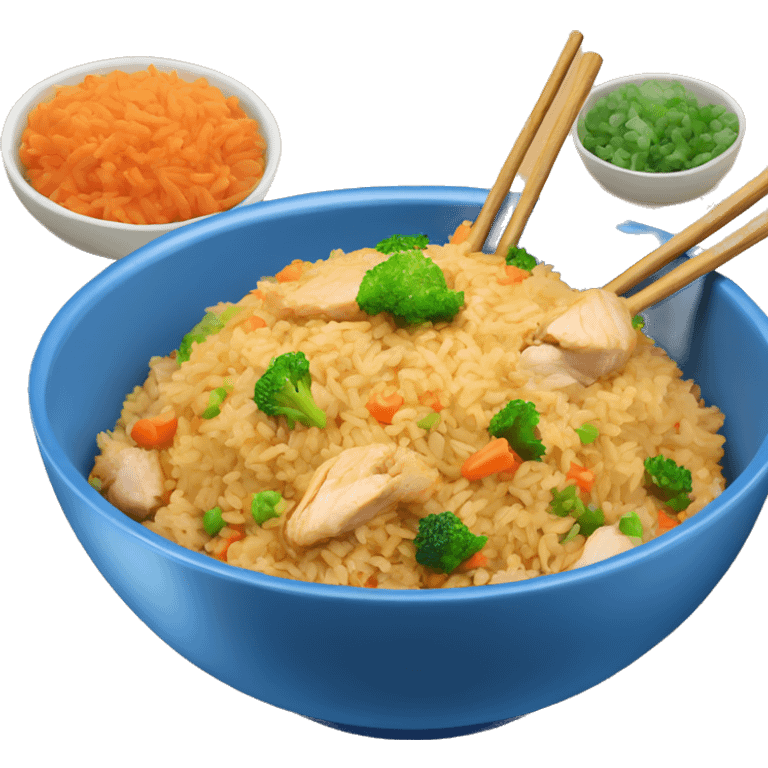 Fried rice with chicken and vegetables in a blue bowl emoji