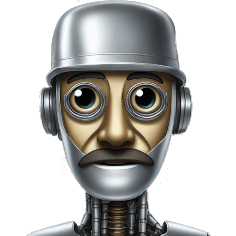 a portrait of a robot that tries to disguise as a human. He's in metal but has fake nose and mustache, and a cap with written on it "100% human" emoji