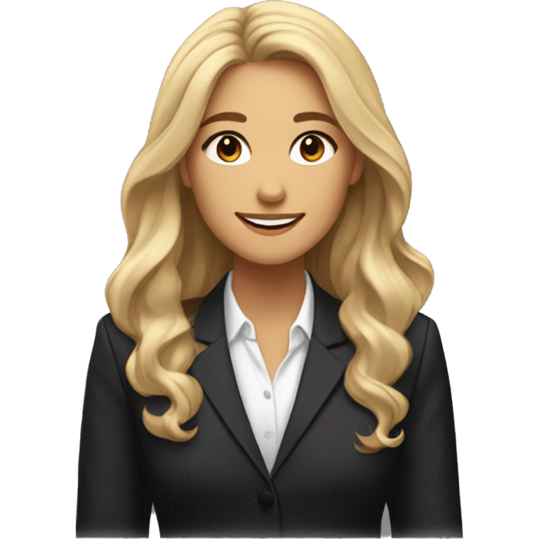 A professional young woman with long, wavy blonde hair, brown eyes?dressed in a black blazer over a white blouse,  She has a warm, closed smile, with a well-lit, polished look.  emoji