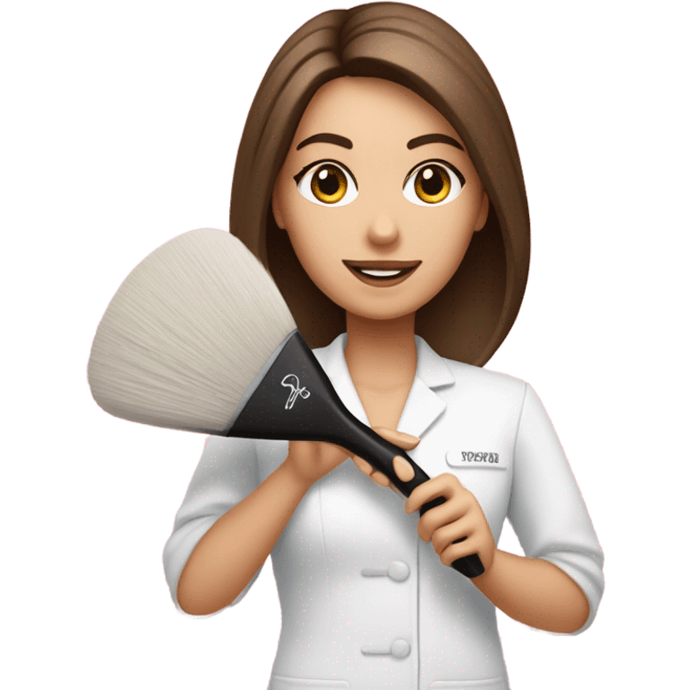 Brown haired esthetician wearing pink holding fan brush emoji