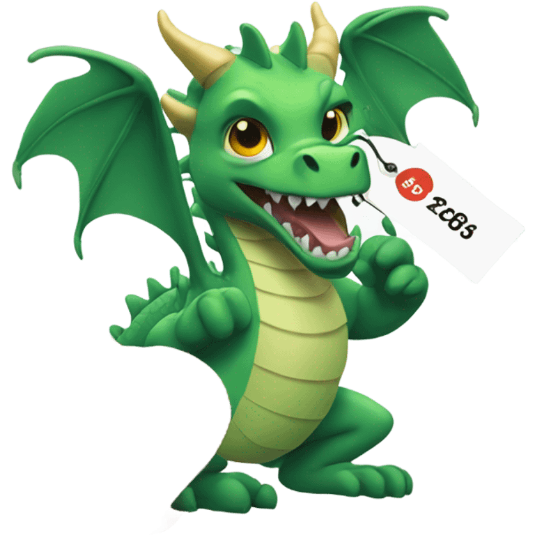 A dragon holding a price tag, symbolizing good prices from China. emoji