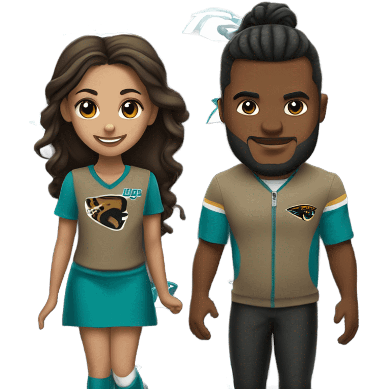 Brown guy and brown girl with hair in ponytail withJacksonville jaguars  clothes holding hands emoji