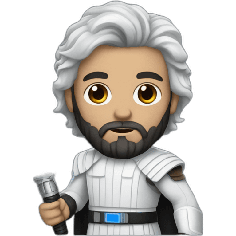 A white Portuguese with black and medium-length hair and a beard that holds a blue lightsaber emoji