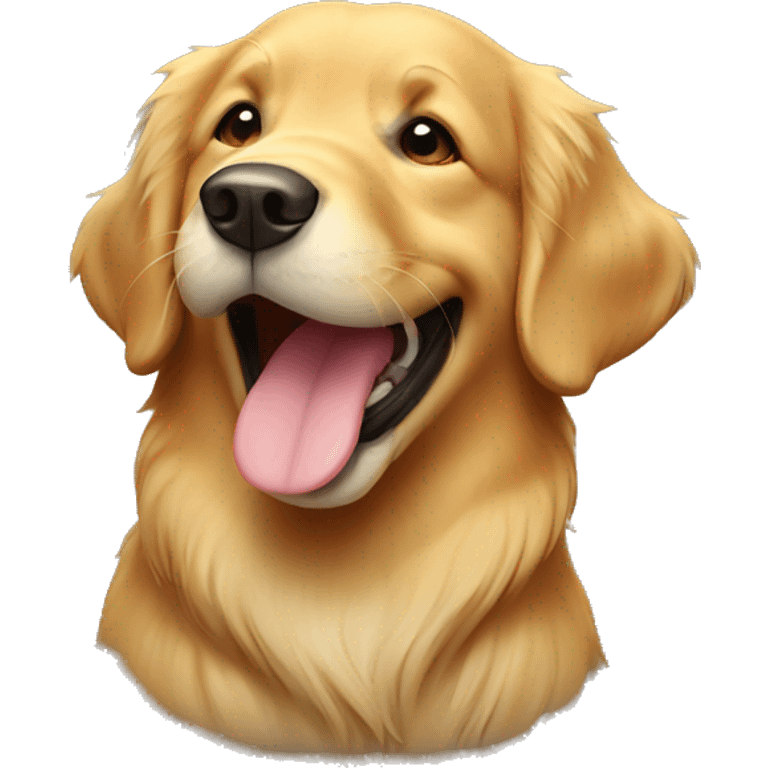 Golden retriever with a big smile emoji