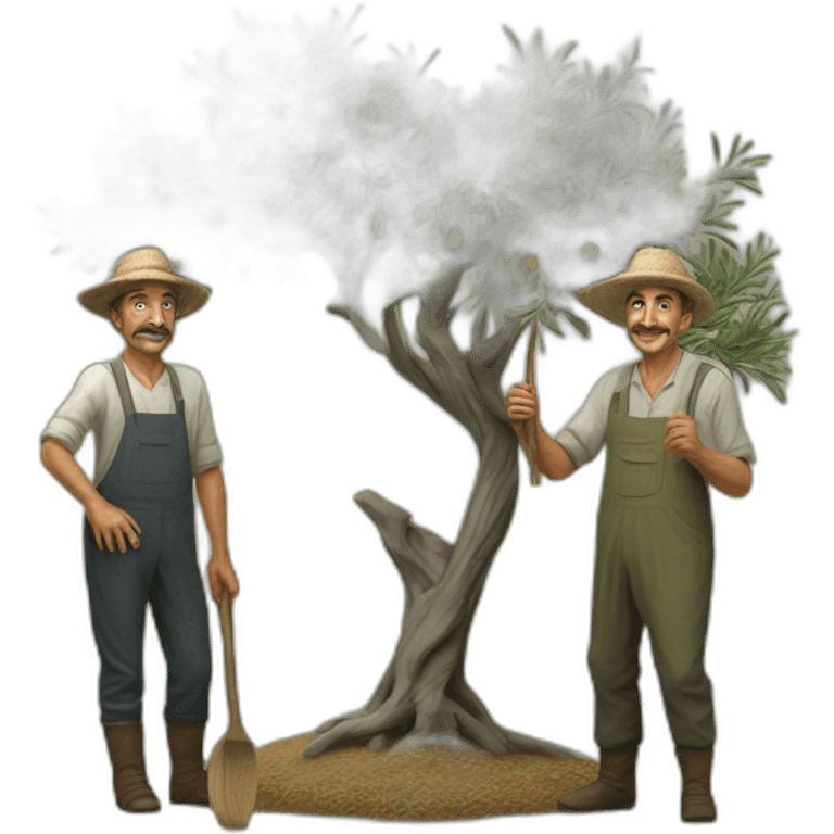 Hyperrealist olive tree and andalusian farmers with a stick emoji