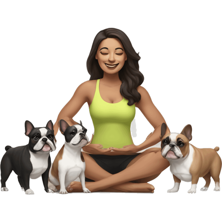 latin woman with long dark brown hair expressing joy dressed in a yoga outfit alongside two french bulldogs emoji