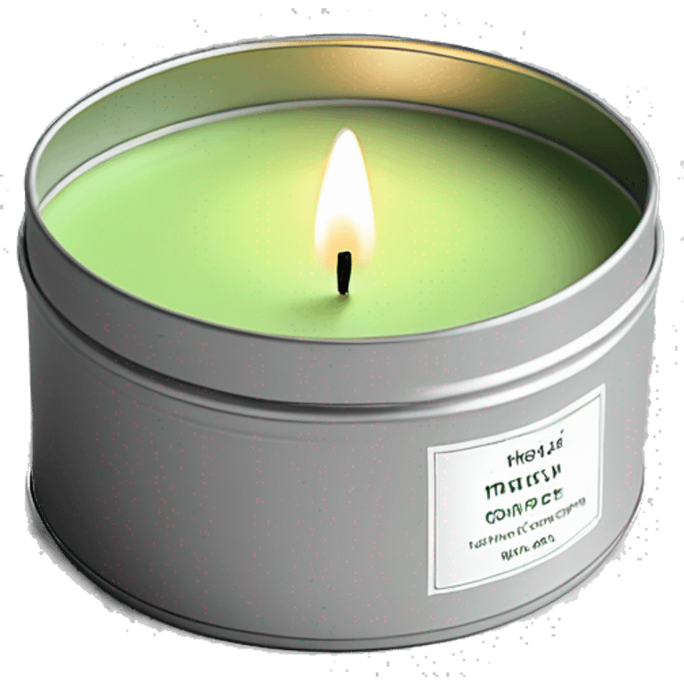 minimal matcha scented lit candle in small silver tin with realistic label emoji