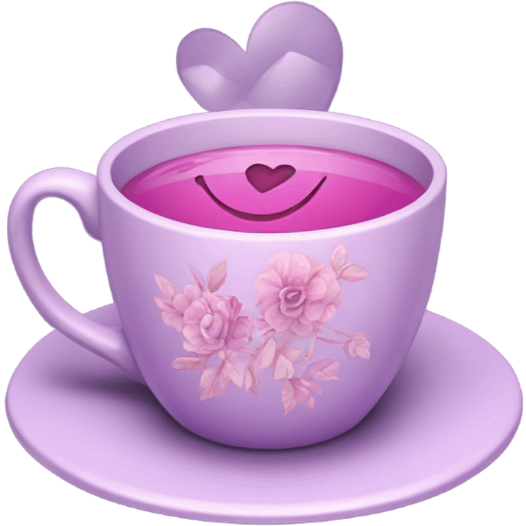 a beautiful aesthetic cup in pastel purple with a floral pattern in dark pink and next to it a love letter in purple  emoji