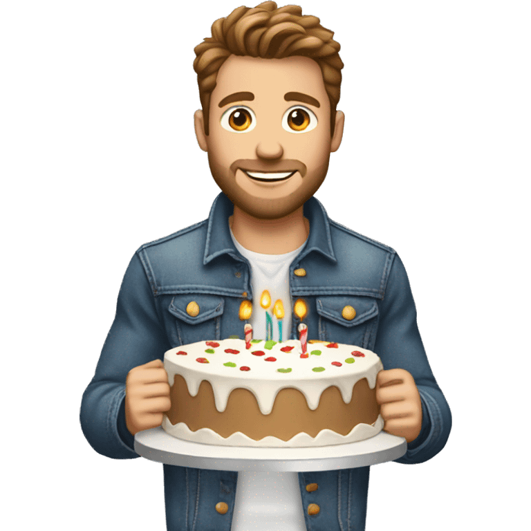 White man brown hair jeans jacket with birthday cake emoji