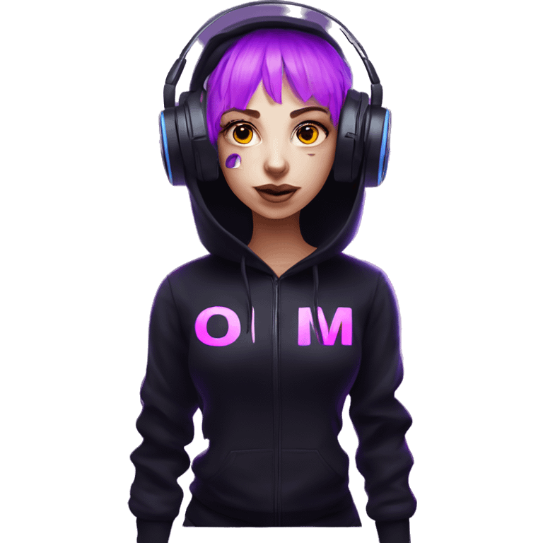 Russian girl wearing black hoody with violet letters "OMG", in vr headset. Cyberpunk style. Violet neon. emoji