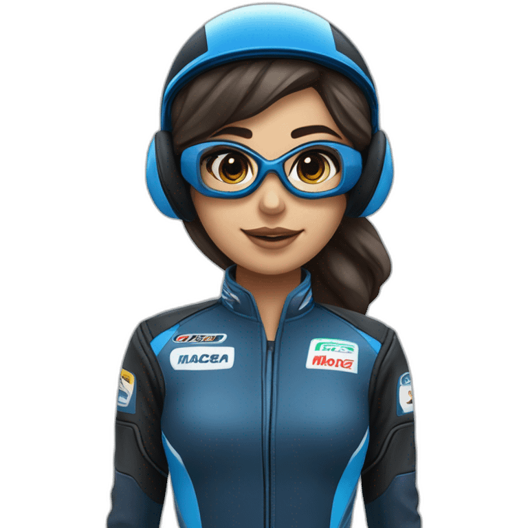 Piloto mulher de kart morena com macacão da cor preto com detalhe azul escuro e capacete branco com detalhe azul escuro emoji