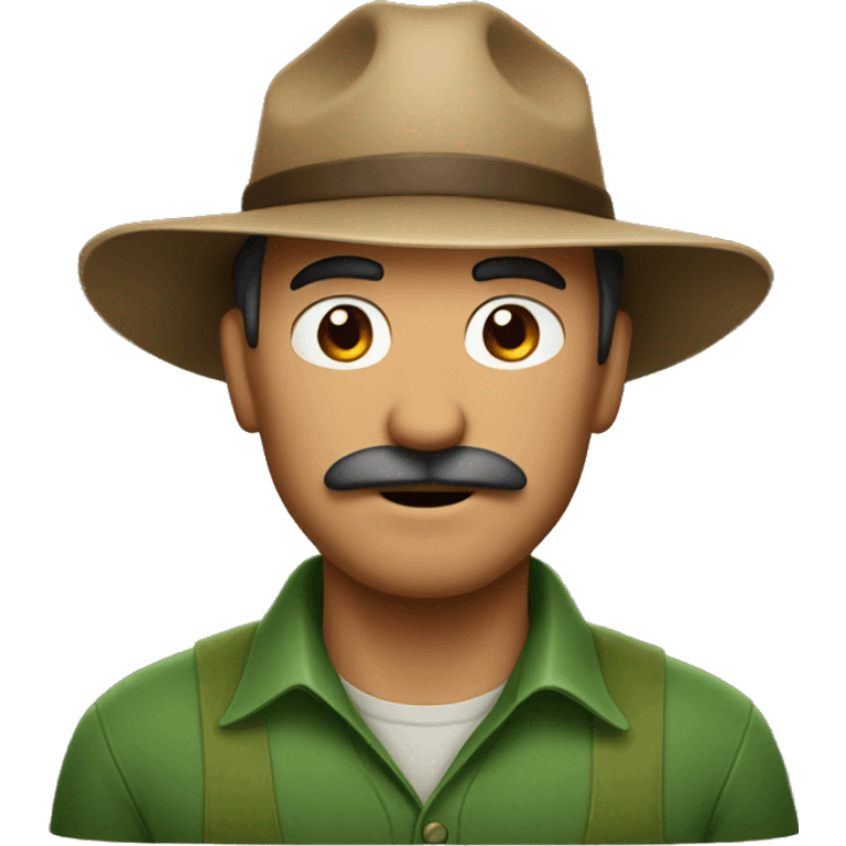 a man with a thin mustache wearing a brown farmer's hat. His job is a farmer and he wears green clothes. emoji