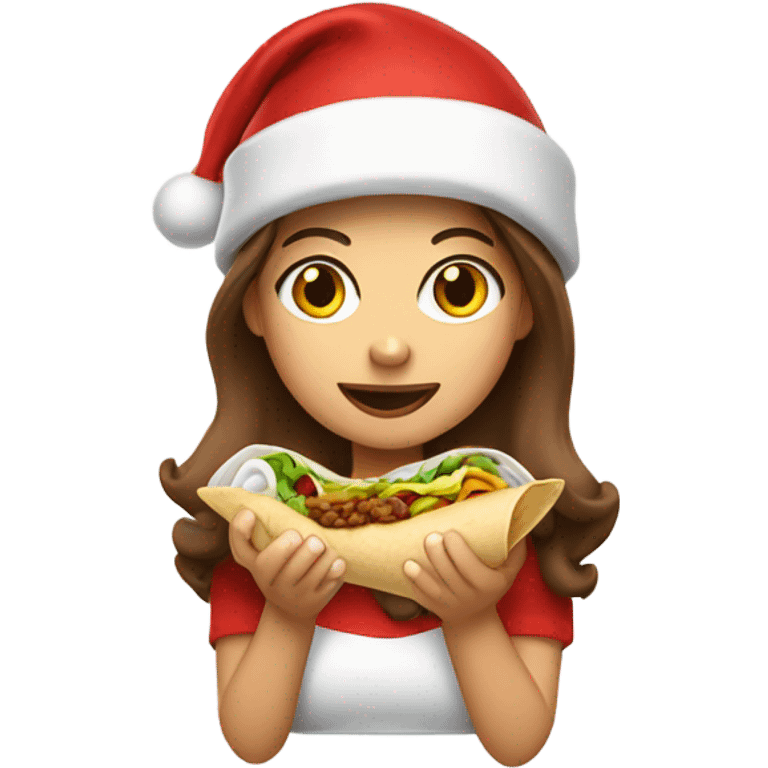 Brown haired Girl in Santa hat eating a burrito emoji