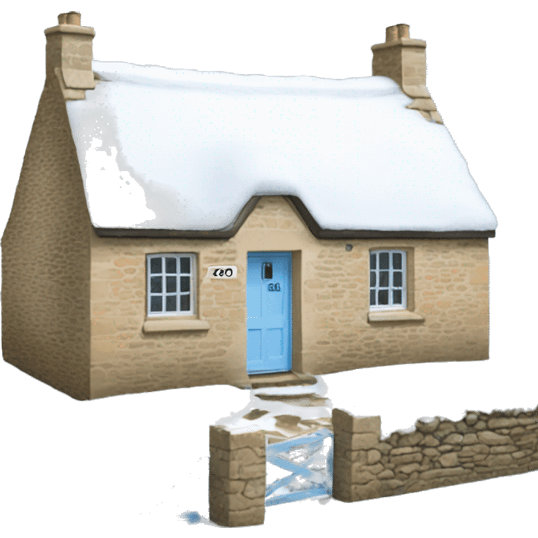 Snowy stone cotswolds cottage with sky blue door  emoji