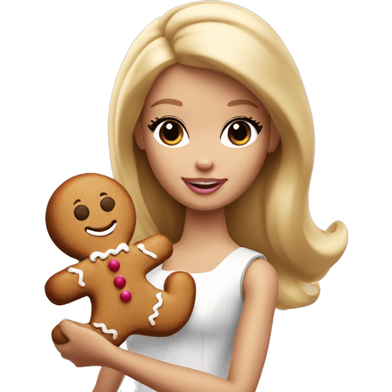 Blonde Barbie holding a gingerbread man hand emoji