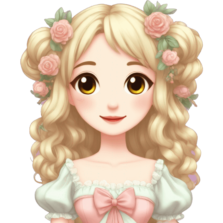 Cute kawaii gorgeous pretty anime lady beautiful hair with gorgeous dress fairycore cottagecore detailed high quality trending aesthetic emoji