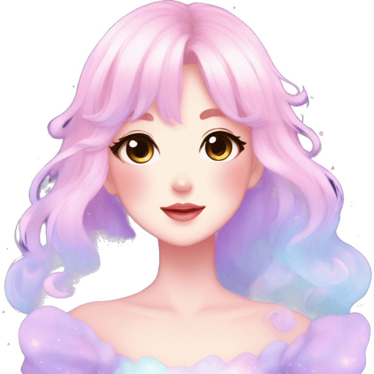 Gorgeous pastel anime style lady blushing nebula gradient sparkle face dreamy idol model colorful shiny stars galaxy kawaii cottagecore pearly petite simplistic aesthetic trending style emoji