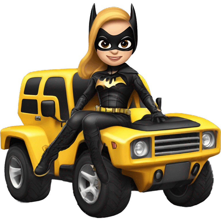 Light skinned Batgirl in shiny leather, Hummer EV monster truck  emoji