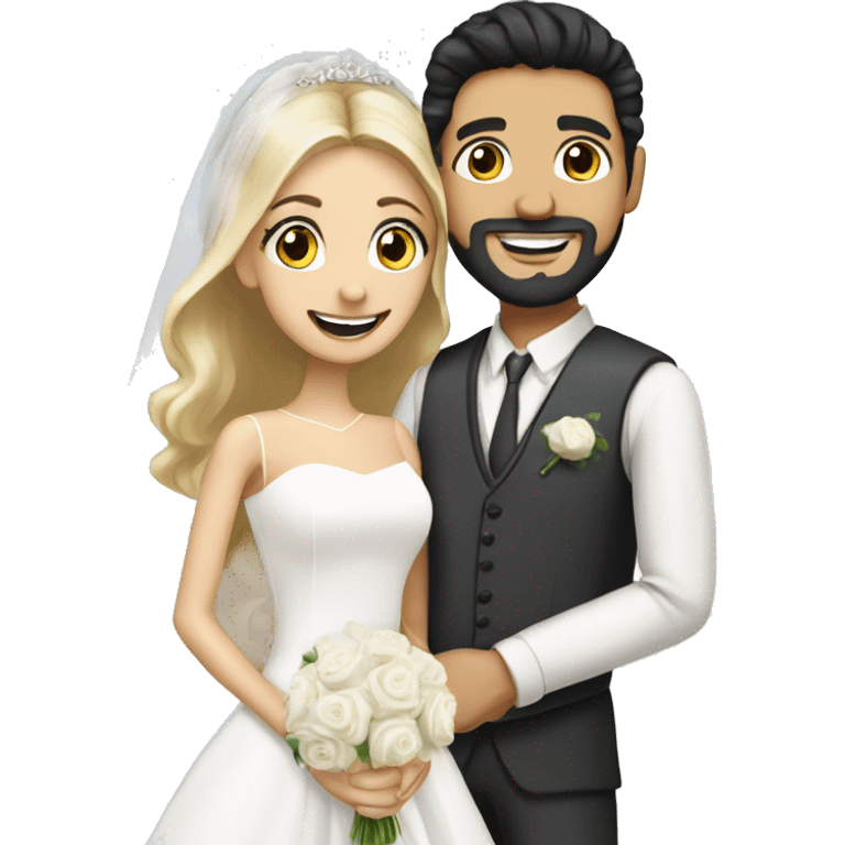 Wedding couple with Handsome light middle eastern man with goatee and black hair and white smile with bride who has blonde hair , hair down , and beautiful  emoji