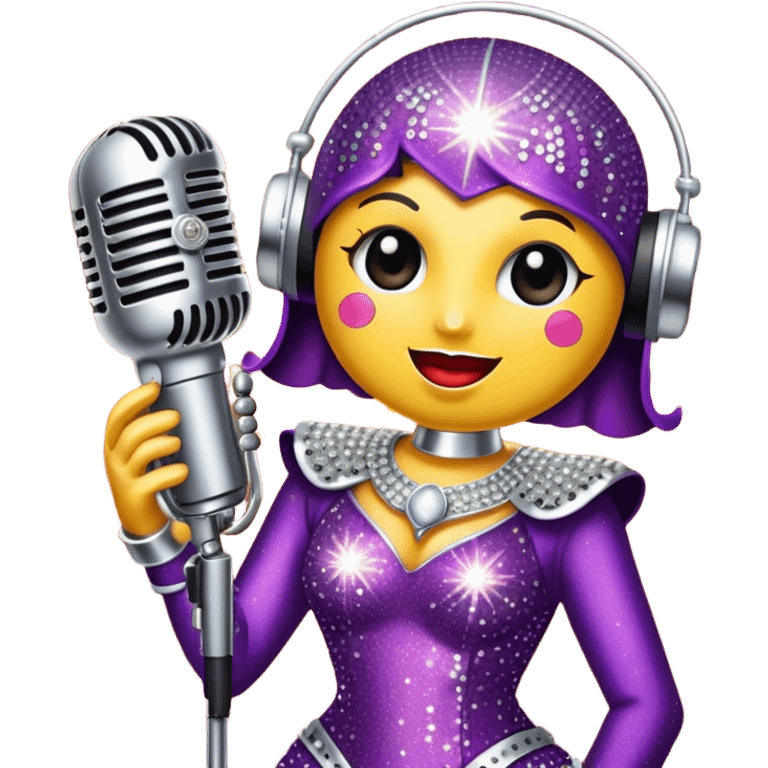 Create a glamorous and vibrant emoji representing stage vocal performance. The design should feature a humanless collage of classic vintage microphone, stage costume covered in rhinestones, large scene speakers, scene lights. The costume should be stylized, with glittering elements like sequins and sparkles, and reflect the glitzy, extravagant nature of show business. The microphone should have a sleek, retro look with chrome or metallic accents. Use rich, dazzling colors like gold, silver, deep purple, and bright red to evoke the glamorous, larger-than-life feel of a stage performance. The background should be transparent. emoji