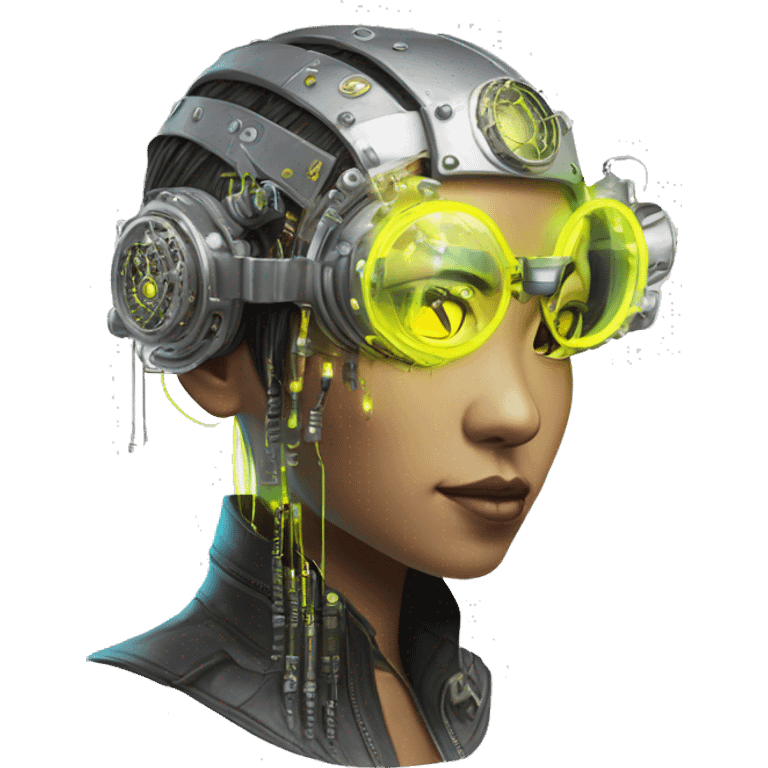 Neon yellow bobbed hair Asian female cyborg head with silver steampunk goggles and circuits emoji