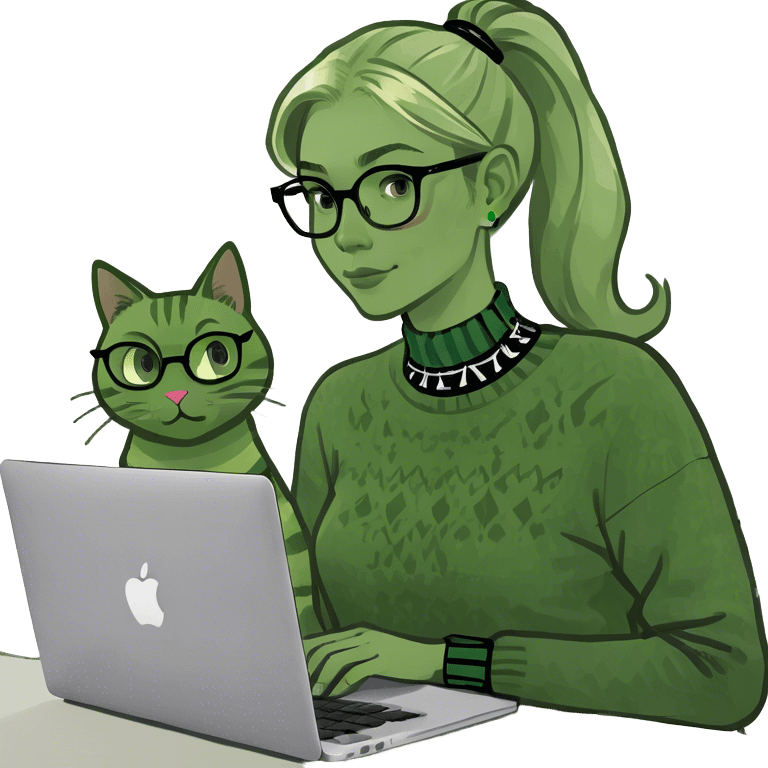 Blonde woman ponytail green eyes with cat and MacBook emoji