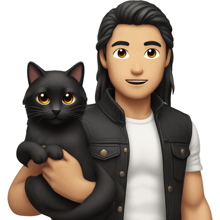 Model Long hair Asian man with abs holding black cat emoji