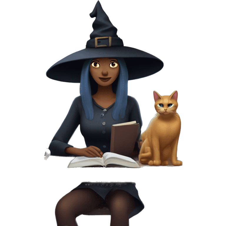 witch who works an office job with a computer and a coffee and a book of spells sitting outside under a full moon with a cat emoji