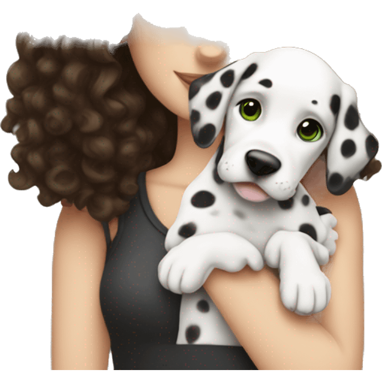 White Girl with dark brown curly hair and green eyes is holding Dalmatian puppy emoji