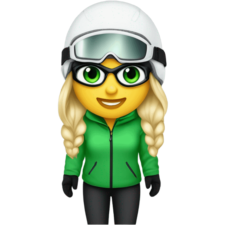 Green-eyed, fat female skier with medium-length straight blonde hair not plaited, snow goggles on helmet, white ski helmet, gray snow jacket, green ski gloves, long black pants rolled up at the bottom, black only snow boots standing tall. emoji