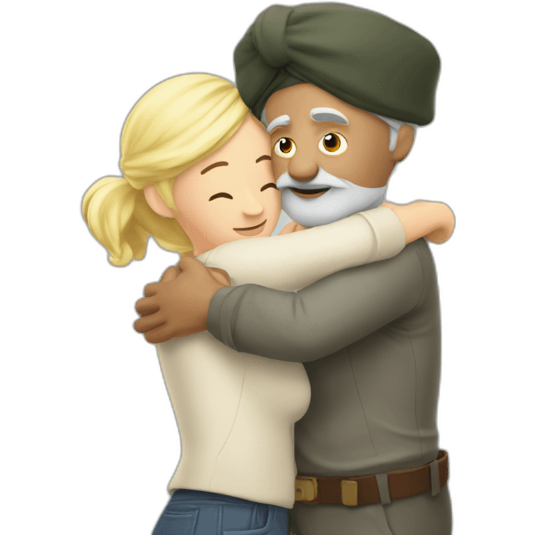 Turban older Man from africa hugs detective hat older blonde European  emoji