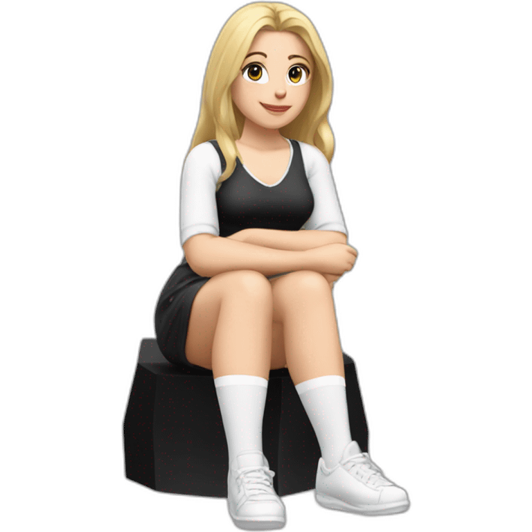 Front view full body curvy caucasian beauty sitting straight hands up black skirt white knickers white socks emoji