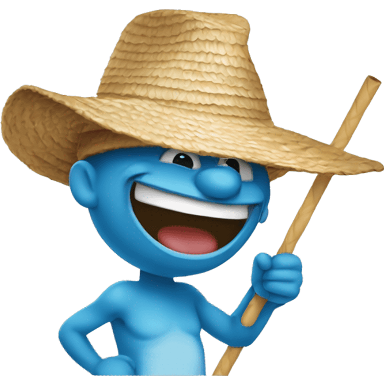 "A Smurf laughing with a straw hat on his head." emoji