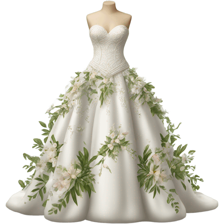 Hyper Realistic ornate 
Botanical style Wedding dress displays emoji