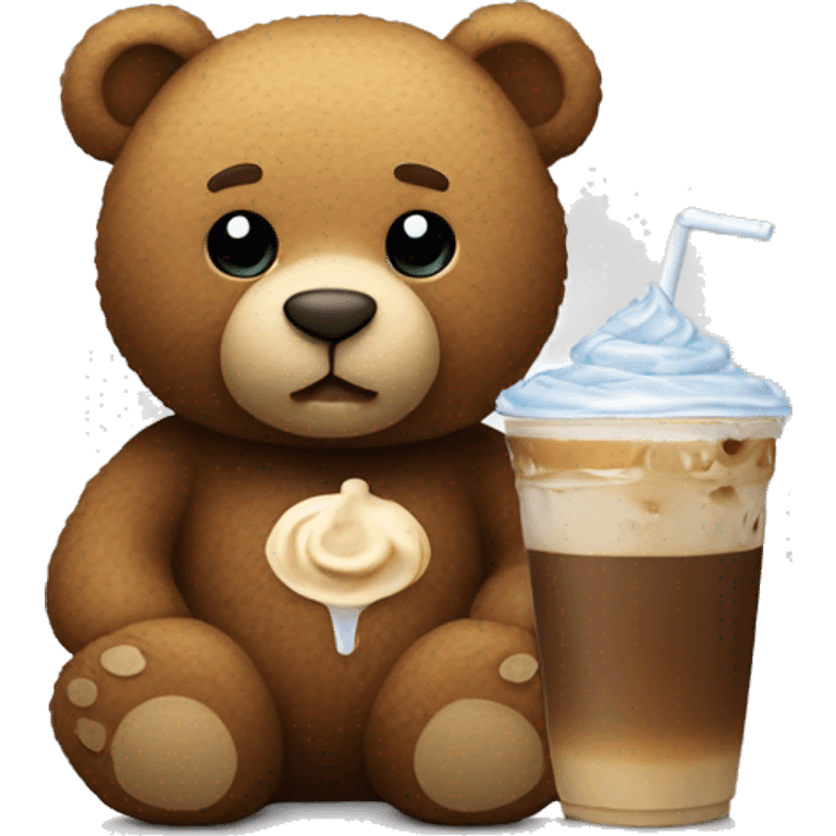 Teddy bear holding an iced coffee emoji