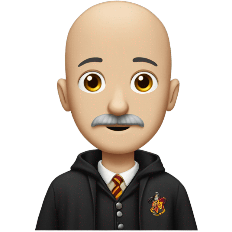 Skinny bald man with a mustache dressed in Harry Potter get up emoji