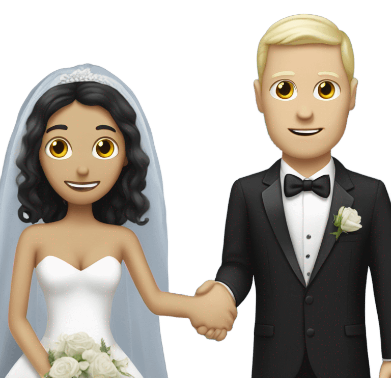 White humman man in a tuxedo holding, Alien reprilian woman in wedding dress, and one , hands getting married emoji